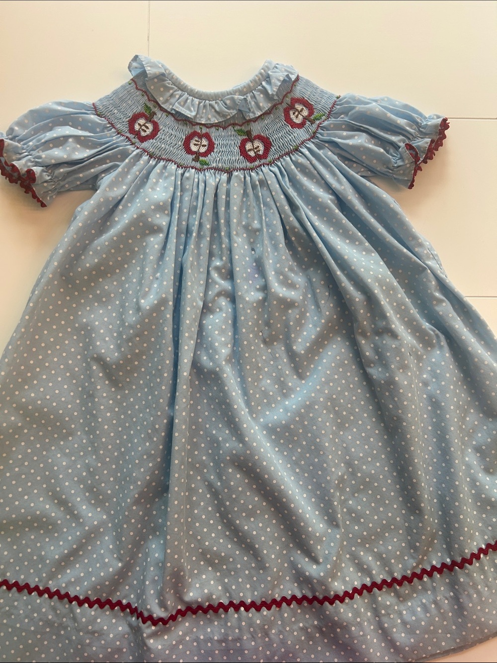 Light Blue Polka Dot Smocked Girls' Dress with Red Trim